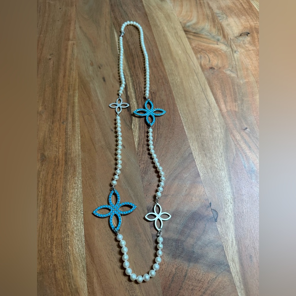 16” Pearl Necklace with Turquoise and Sterling Silver Accents